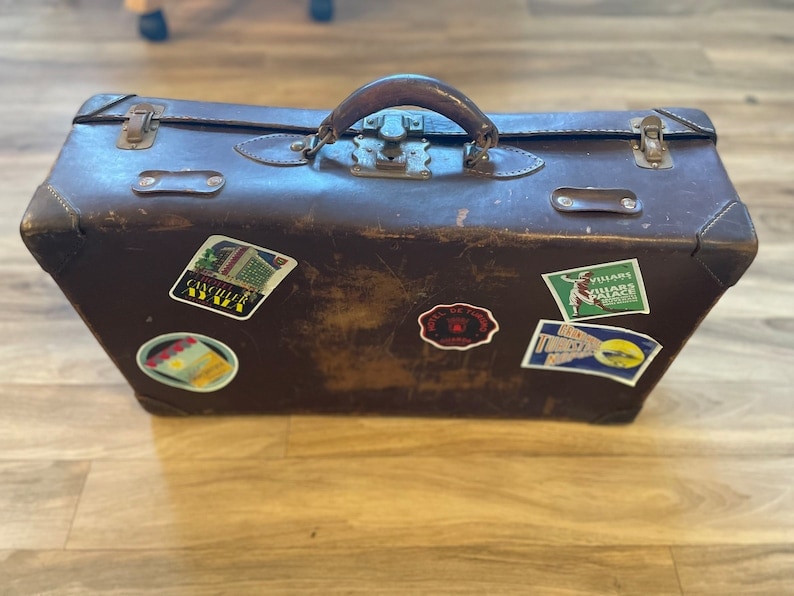 Vintage Suitcase Luggage blue canvas, leather trim, with travel stickers