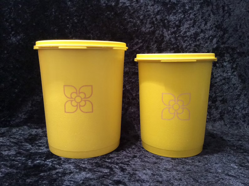2 Vintage Tupperware Model Number 1436 in Brown and Yellow Made in Belgium,  Retro Kitchen Storage Accessory France, Picnic Basket Container