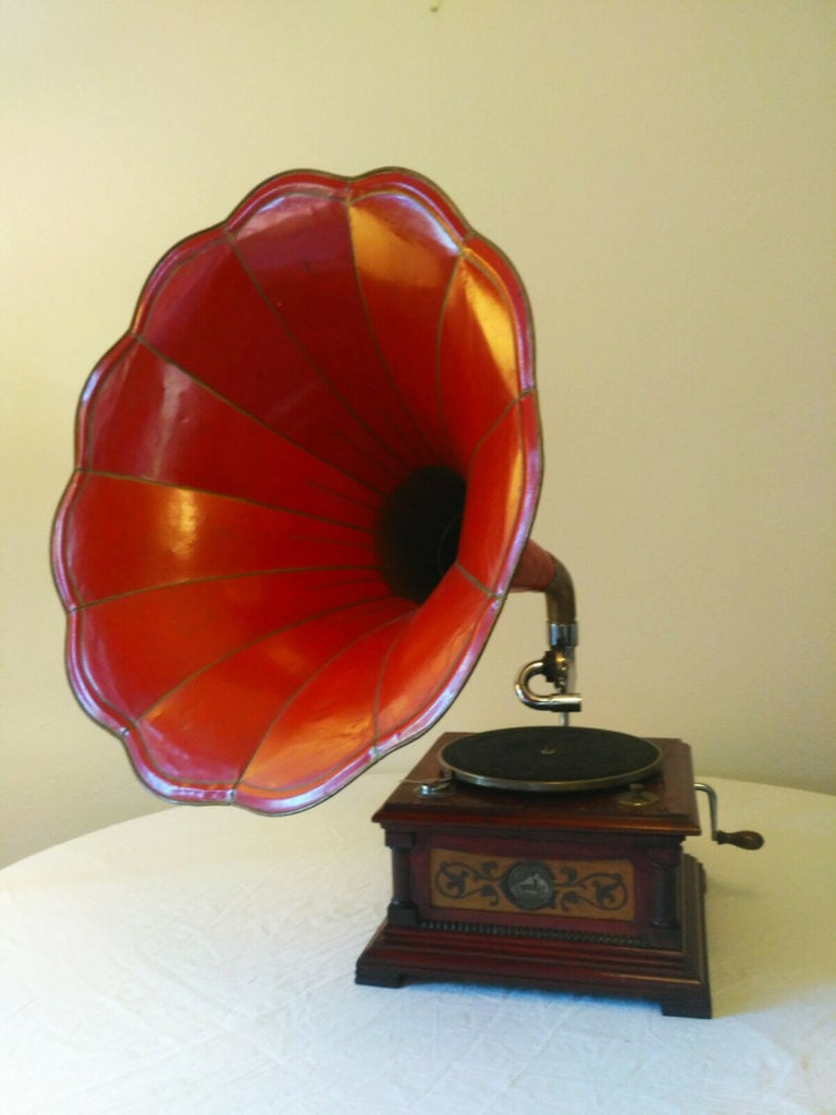 vintage record player with horn