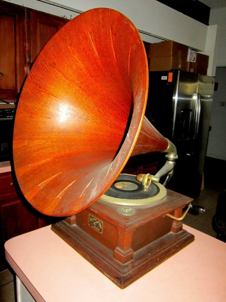 vintage record player with horn