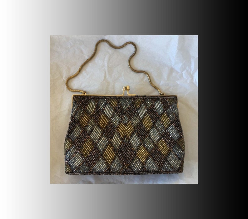 Antique Art Nouveau Beaded Clutch. Cream and Gold Evening Bag. Belgium