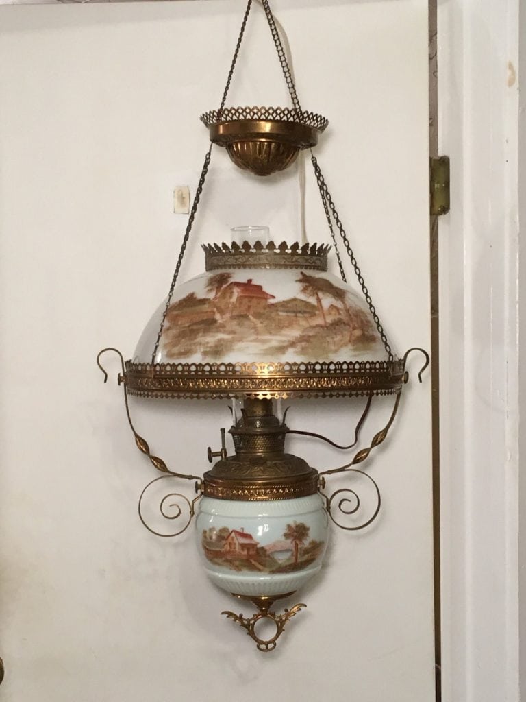Late 19th Century Victorian Era Heavy Brass Double Wick Oil Lamp and  Removable Glass Shade
